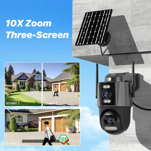 4G SIM Solar Camera 24/7 Recording 10X Zoom Outdoor Three Screen Camera Built-in Battery Security Auto Tracking Security Camera 3