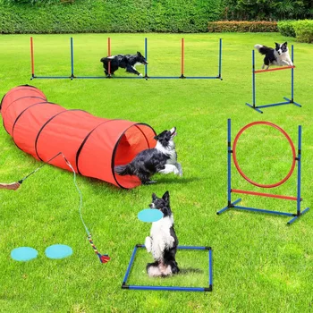 Dog Agility Equipments, Includes Flirt Pole Toy, 3 Flying Discs, 1 Agility Tunnel, 2 Jumps, 6 Weave Poles, Pause Box, Agility 1