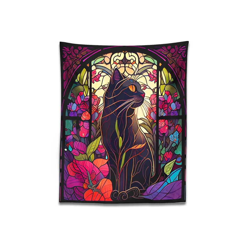 Mystery Cat Tapestry Wall Hanging Stained Glass Floral Wall Art Print Cute Cat Wall Decor Cat Lovers Gift Boho Home Room Decor images - 6
