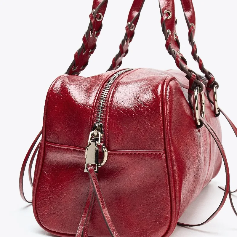 Women Fashion Pu Leather Rivets Tassels Boston Bag Grommet Eyelet Top Handle Handbag Adjustable Long Strap Cross Body Purse