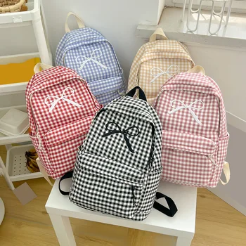 Stylish Campus Backpacks Multi-Pockets Soft Nylon Preppy Knapsack Grid Pattern Bowknot Book Bags Commute Work Backpacks 1