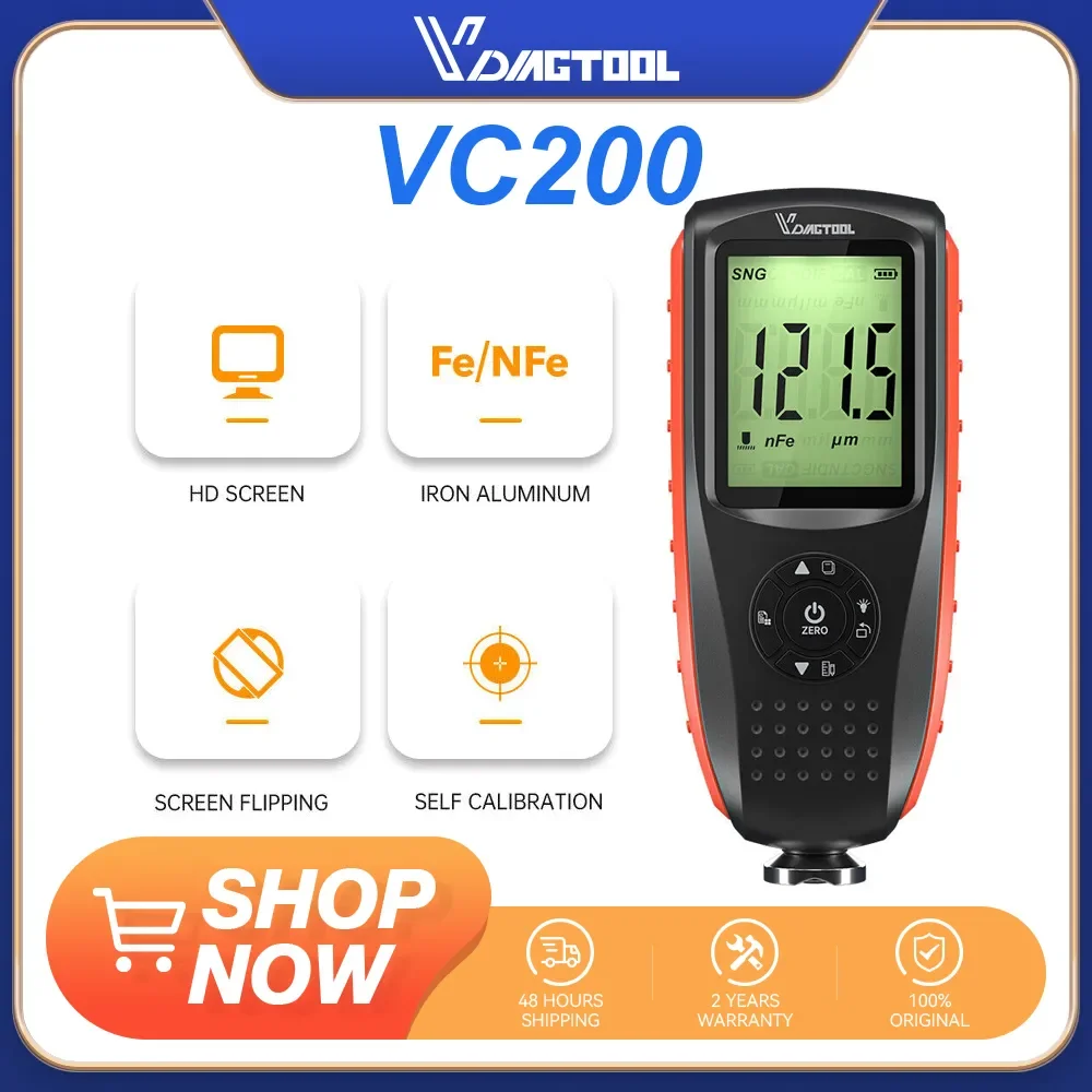 VDIAGTOOL VC200 Car Paint Thickness Tester FE/NFE Coating Thickness Gauge LCD Backlight Paint Tester Self-Calibration USB Charge