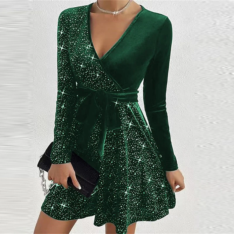 

Luxury Spring V-Neck Velvet Party Dress Commute Contract Color Women Lace-up Dresses Sexy Office Sequins Long Sleeve Aline Dress
