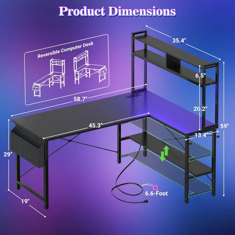 "59-inch led-lit l-shaped desk with power outlet for home office and gaming"