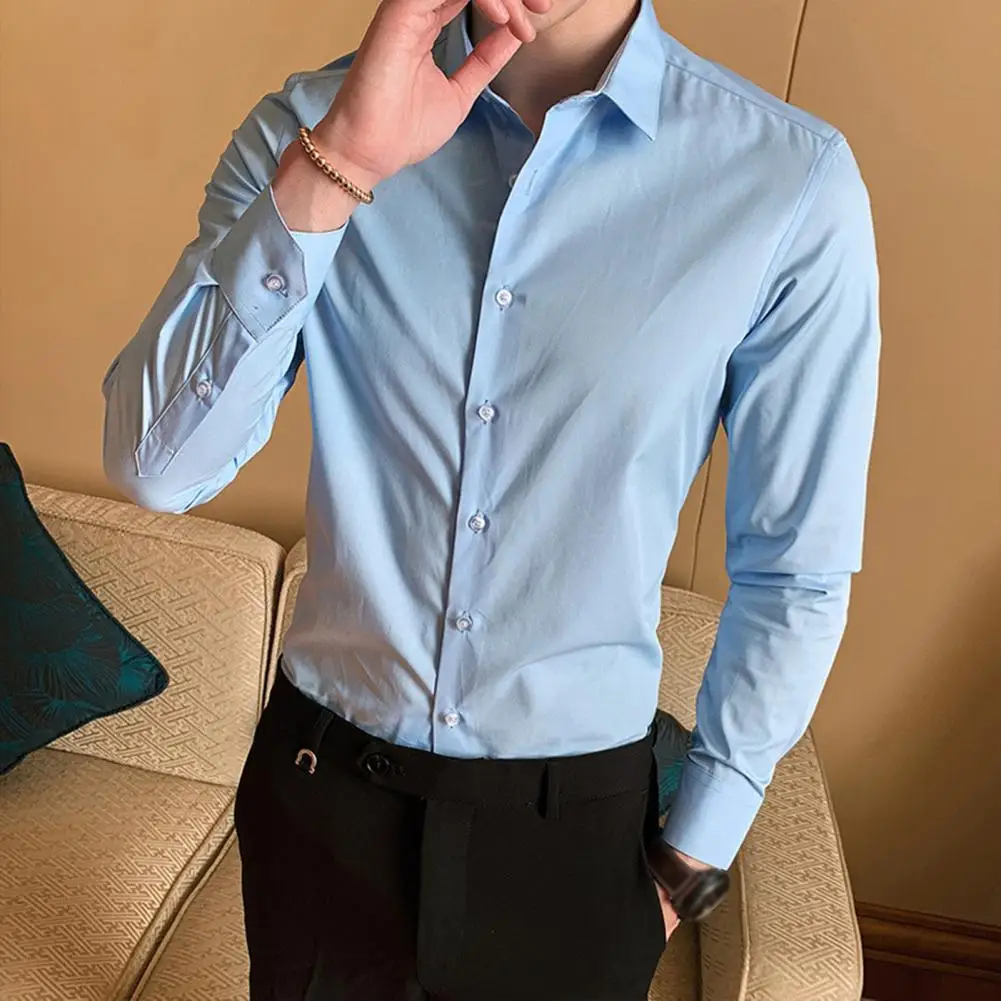 

Men Business Shirt Button Placket Long Sleeve Lapel Solid Color Single-breasted Warm Soft Cardigan Plus Size Spring Shirt Men Cl