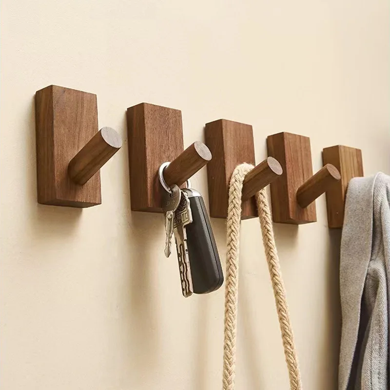 

1pc Solid Wood Hook Creative Porch Wall Hanging Wooden Coat Hook Free Punching Strong Sticky Clothes Towel Bag Hanger Holder