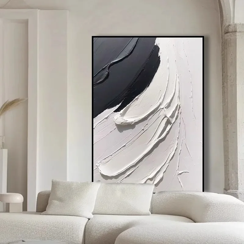Hand-painted Oil Painting Black and White  Modern Minimalist  Entrance Three-dimensional  Large Floor-to-ceiling Gypsum Painting - 3