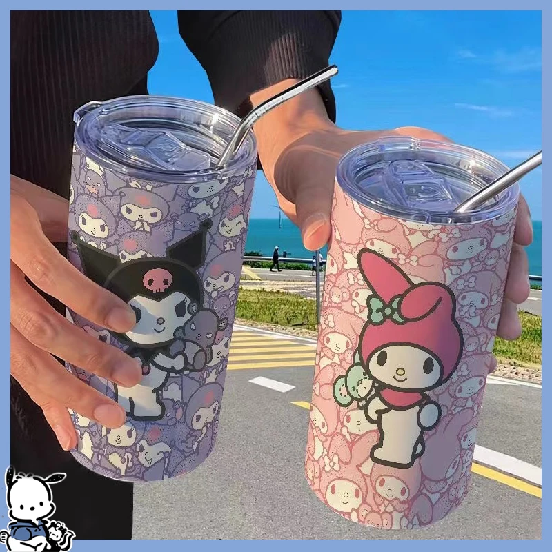 

420 мл Sanrioed Kuromi чашка My Melody аниме чашка для кофе из нержавеющей стали с крышкой соломинкой мультяшная портативная многоразовая бутылка для питья