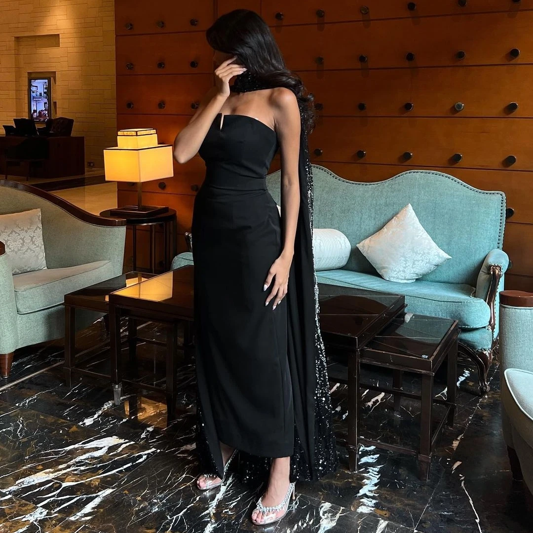 

VD Saudi Arabia Women Wear Strapless Black Prom Dresses Ankle Length Birthday Party Evening Gowns with Sequins Wraps Vestidos De
