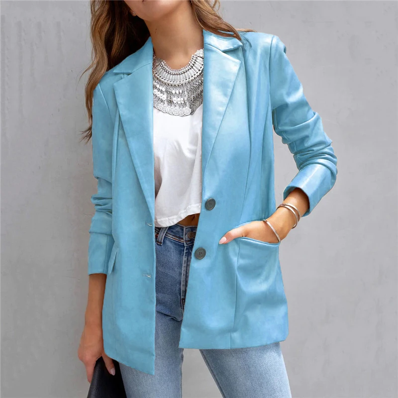 2023 Autumn Women Vintage PU Leather Long Sleeve Elegant Fashion Blazers Female Korean Casual Streetwear Solid Tunic Suit Coats