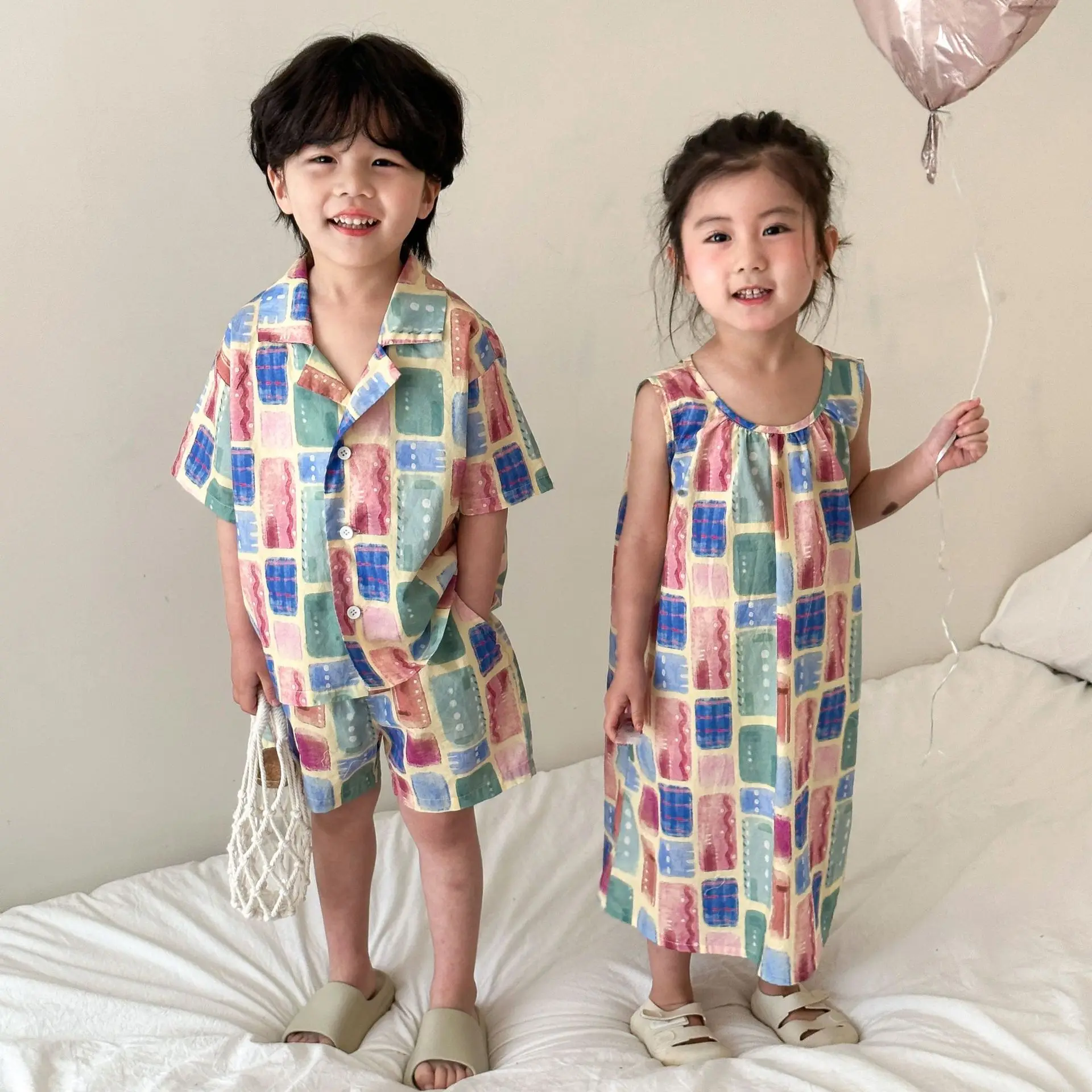 

Summer Brother Sister Outfits Girl Baby Cotton Sleeveless Suspender Dress Boy Children Loose Print Short Sleeve Shirt+Shorts 2ps
