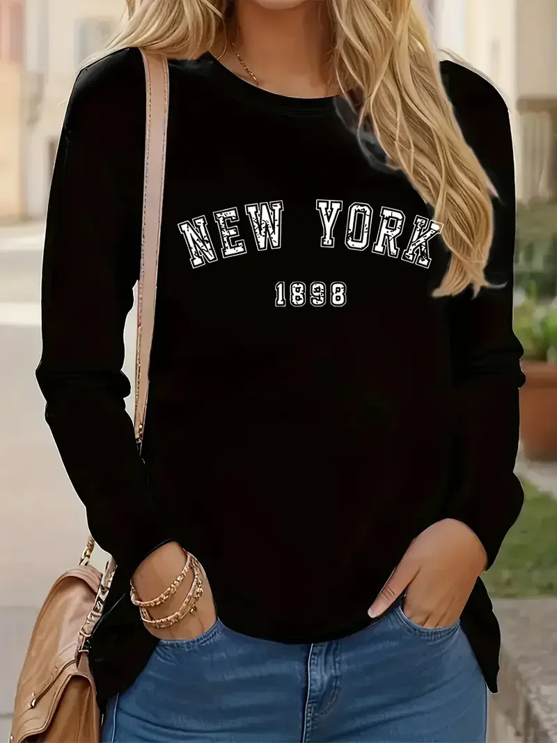 90s Casual Crew Neck T-Shirt New York Letter Print 90s Long Sleeve Crew Neck T Shirt for Women Y2k Top Tee 2