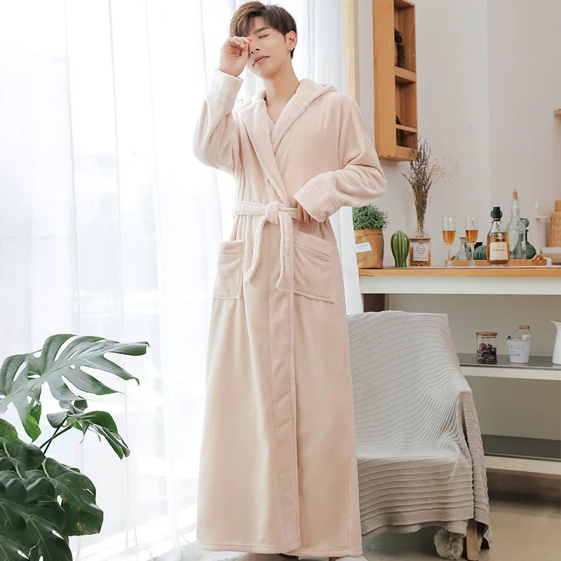 

Men Long Sleeve Kimono Hooded Pajamas White Robe Winter Sleepwear Flannel Thickened Warm Bathrobe
