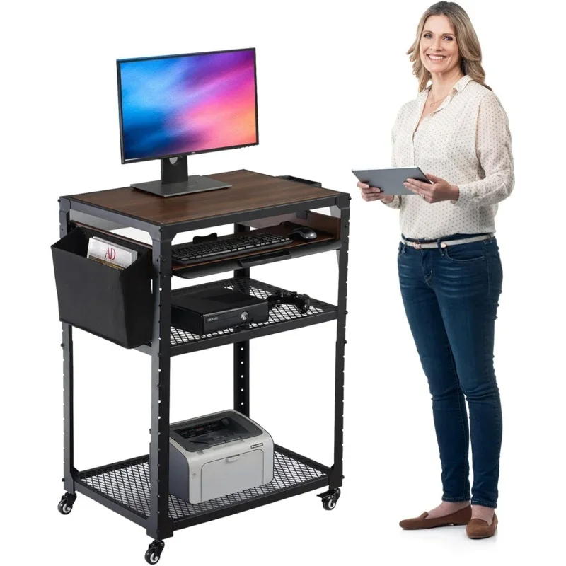 

AV Cart, Computer Desk Rolling Cart, Line Leader AV Stand, Presentation Cart Station, Wood Mobile Printer Cart, Height Adjustabl