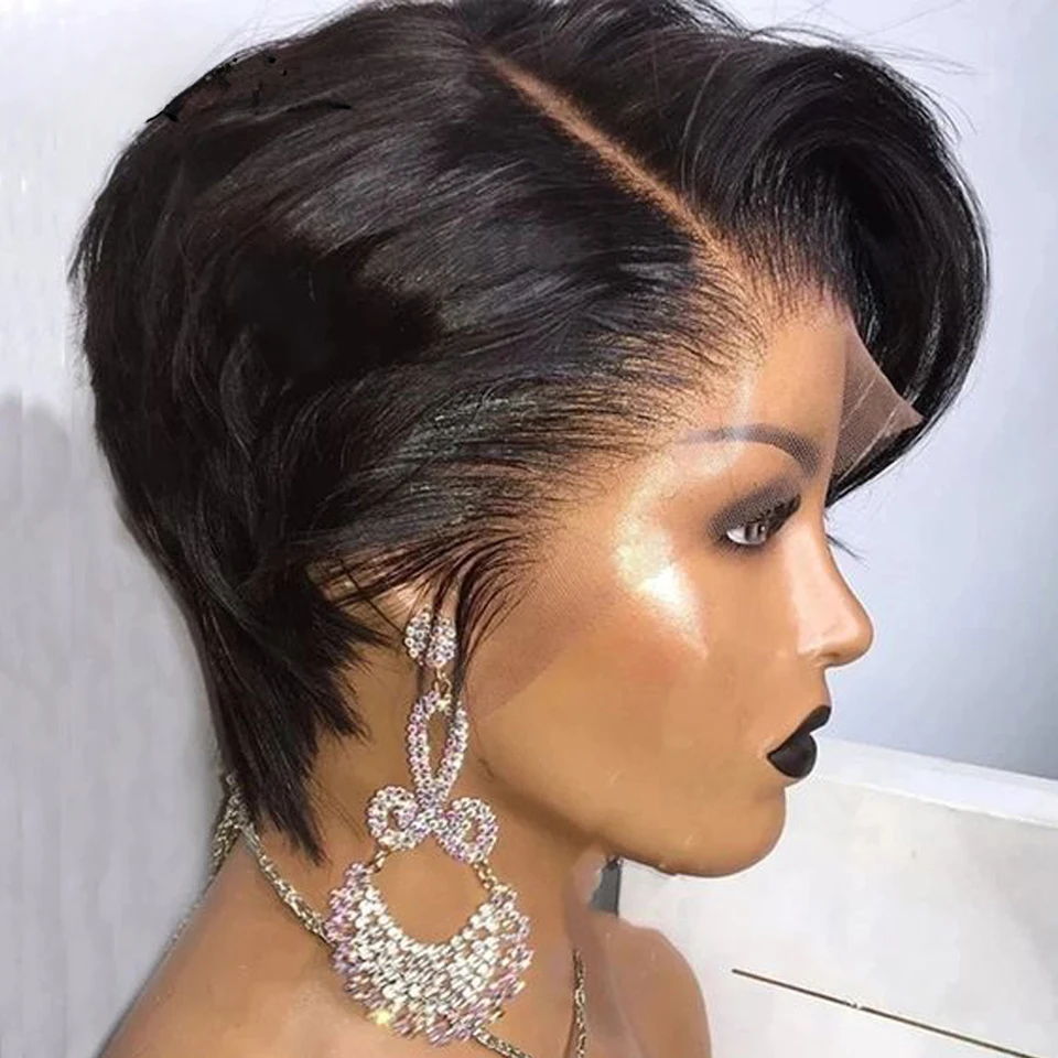 Black Pixie Cut Wigs for Black Women 13x4x1 T Lace Front Human Hair PrePlucked with Bady Hair Short Bob Wig Transparent Wig