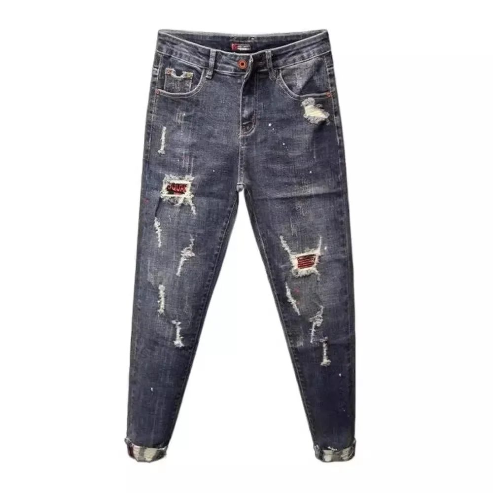 Spring Season Men's Jeans Deep Blue Slim Fit Korean Style Slims Smooths Your Silhouette Trendy Men's Wear Ripped Pants men jeans ripped jeans ripped patchwork jeans