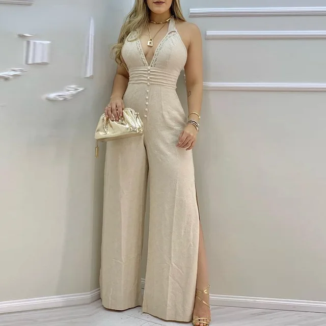 Onorevoli Bizzilla mirquma Buttuna Miftuħa Dahar Qasam Jumpsuit V-neck Jumpsuit Dekorazzjoni 2