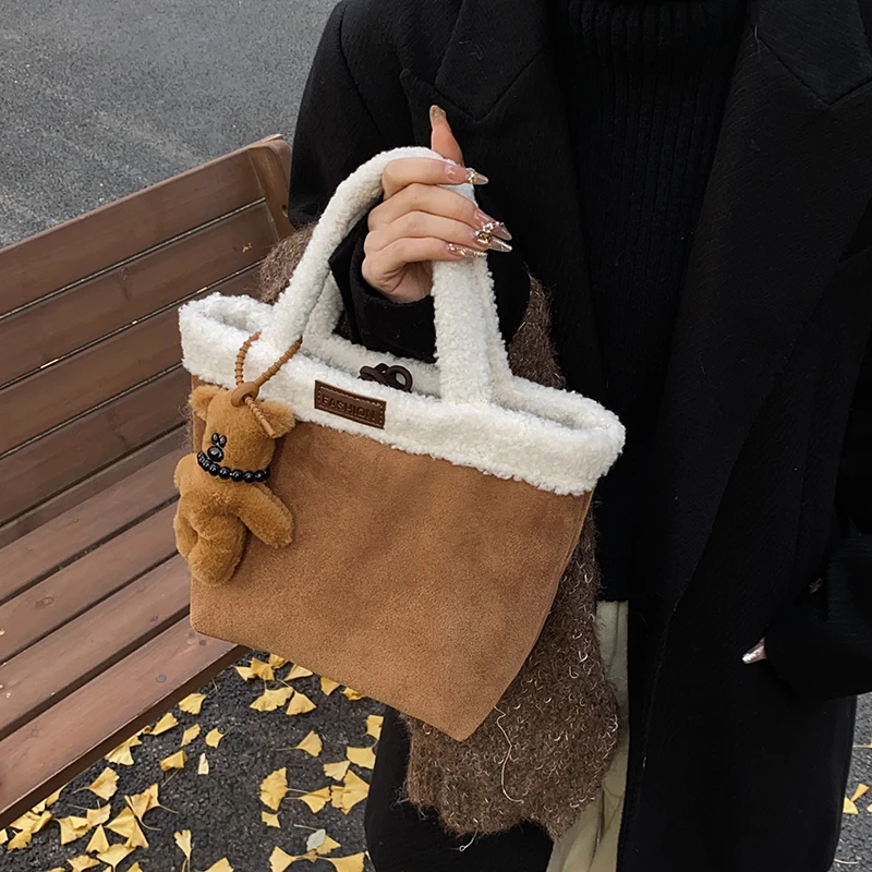 Women Faux Suede Plush Top-Handle Bag Tote Bag Shoulder Bag for Travel Shopping Daily Use