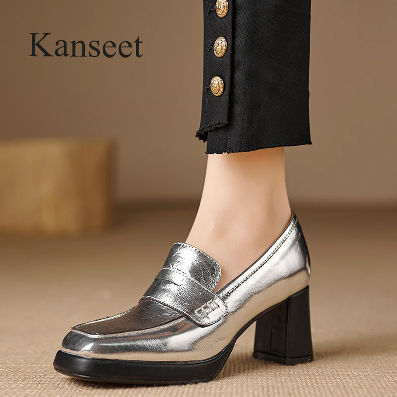 

Kanseet New Shoes For Women 2024 Spring High Quality Real Leather Pumps Square Toe Handmade 6.5cm High Heel Lady Footwear Silver