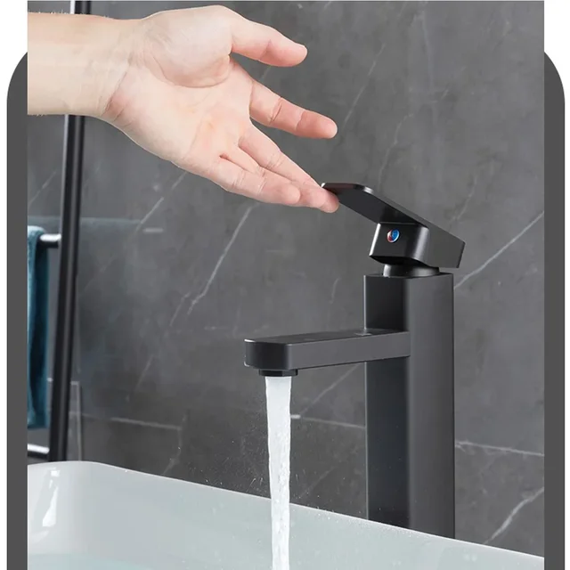 สีดําชุบสแควร์สแตนเลสห้องน้ําอ่างล้างหน้าก๊อกน้ําสแควร์ Vanity Sink Mixer Hot & Cold Lavotory Tap 4