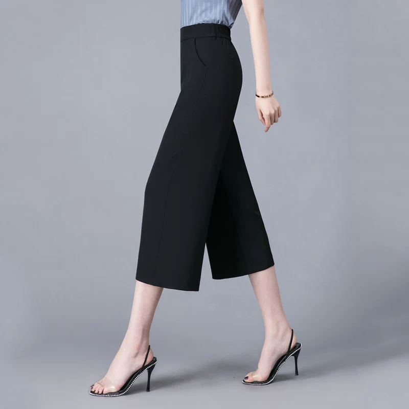 Summer Thin Ice Silk Chiffon Versatile Loose Wide Leg Pants Women's Solid Elastic High Waist Pockets Versatile Straight Trousers