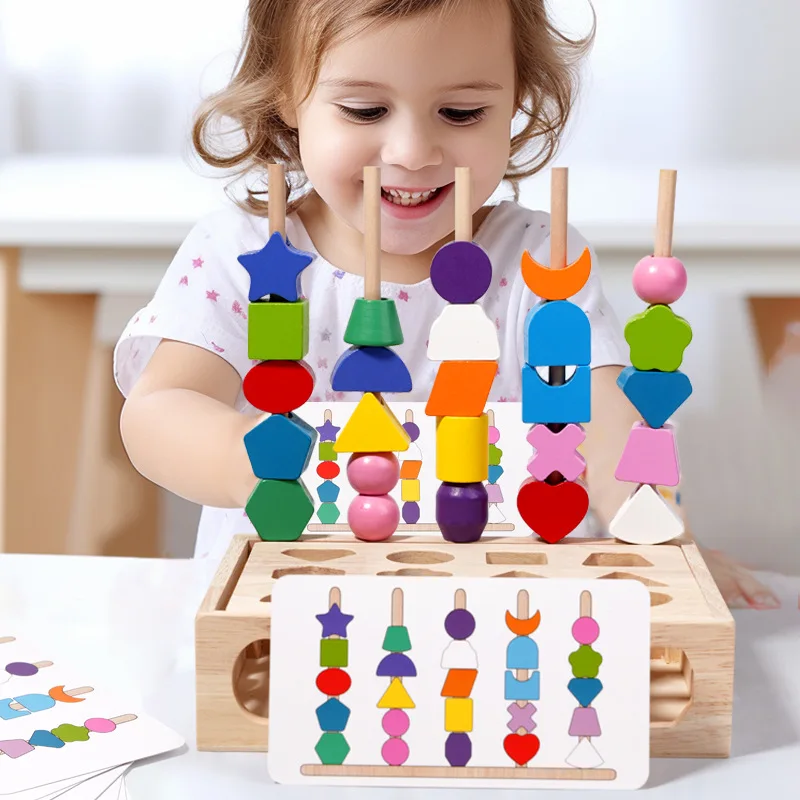 Montessori Wooden Toys Color Shape Matching Puzzle Game Box Colorful Beaded Color Cognition Educational Toys Gift For Children 3