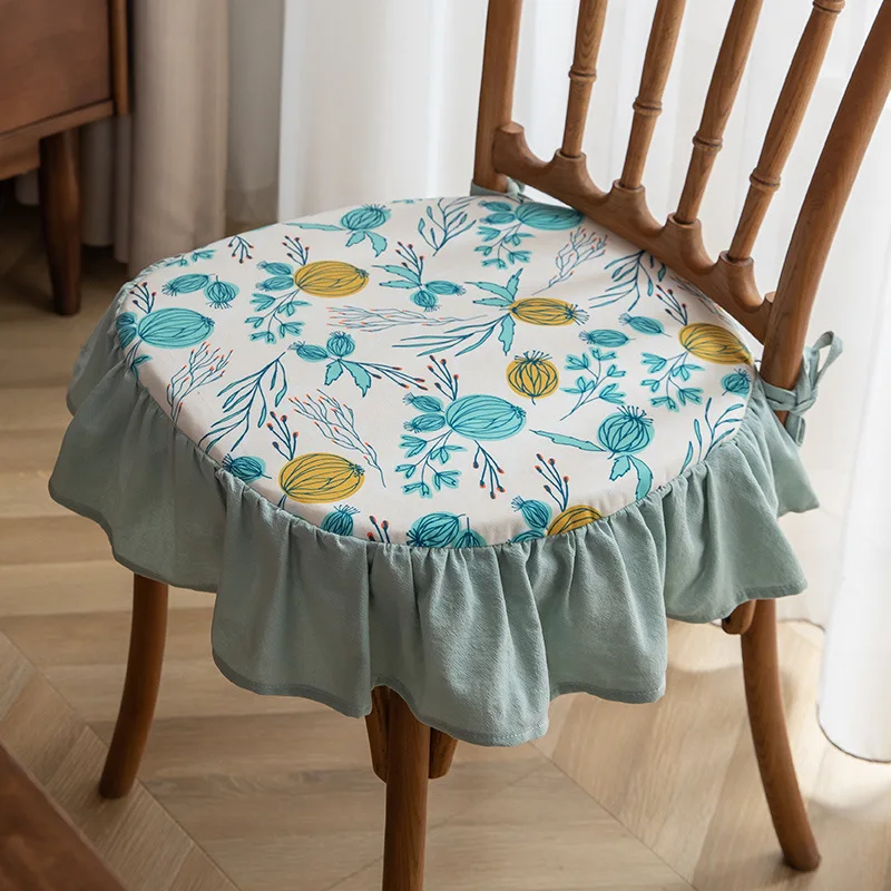 Detachable Washable Floral Pattern/Solid Color Dining Chair Cushion Comfort Non-slip Lace-up Four Seasons Seat Mat Buttocks Pad 4