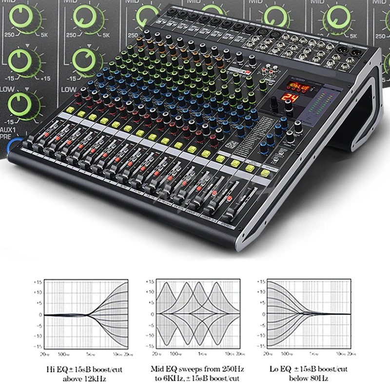 블루투스 디지털 믹서 오디오 믹싱 콘솔, 48V 팬텀 파워 USB, 4 그룹 디지털 효과, DJ 무대 장비, 16 채널