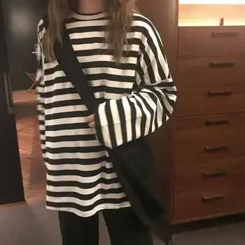 Spring Autumn Women Harajuku Striped T Shirt Long Sleeve O-Neck T-Shirts Korean Casual Oversized T Shirt Femme Black Tops 1