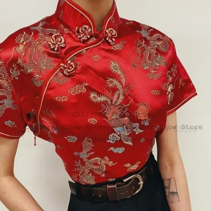 Short Sleeve Tang Clothes Traditional Qipao Tops Chinese Style Costume Lady Fashion Jacquard Blouse Women Satin Cheongsam Shirt