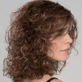 Parrucca sintetica elegante e romantica con sfumatura di colore da marrone a biondo, stile ondulato, realizzata interamente a macchina.