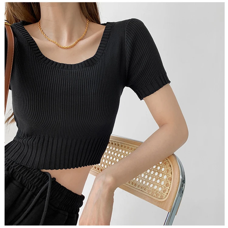 

Knitwears Korean Fashion Slim Women's Clothing Summer Chic Ribbon Round Neck Cropped Tops Tees Tanks Crop Top Clothes for Women