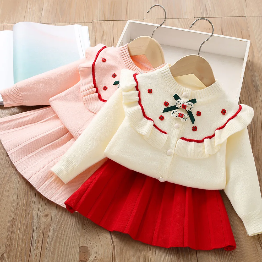 

2023 New Children's Clothing Girls' Sweater Set Fashionable Flower Little Girl Knitted Long Sleeve Lace Top+Pleated Skirt