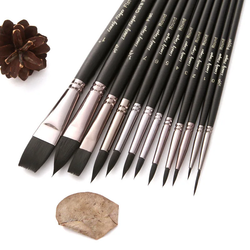 12pcs Professional Watercolor Paint Brushes Set Includes Round Flat Cat's Tongue Brushes Synthetic Hair for Watercolor Acrylic 3