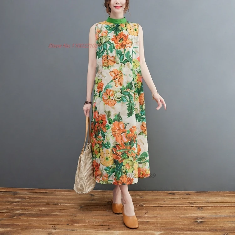 

2024 chinese improved qipao vintage sleeveless dress cheongsam national flower print a-line qipao oriental elegant folk dress