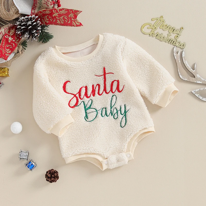 

Newborn Baby Christmas Fleece Romper Long Sleeve Round Neck Letter Deer Embroidery Xmas Sweatshirt Bodysuit