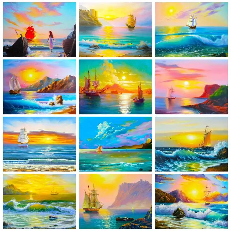 

PhotoCustom Painting By Numbers Sunset Sea View Landscape With Frame Picture Numbers Zero Basis HandPainted Unique Decor Home