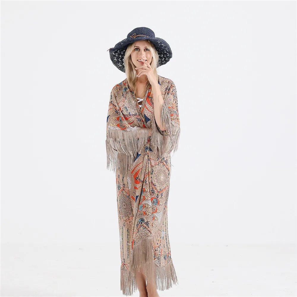 

2023 Retro Printed Half Sleeve Chiffon Cardigan Kimono Boho Fringed Tassels Bikini Cover Up Ankle Length Cape Beach Swimsuit