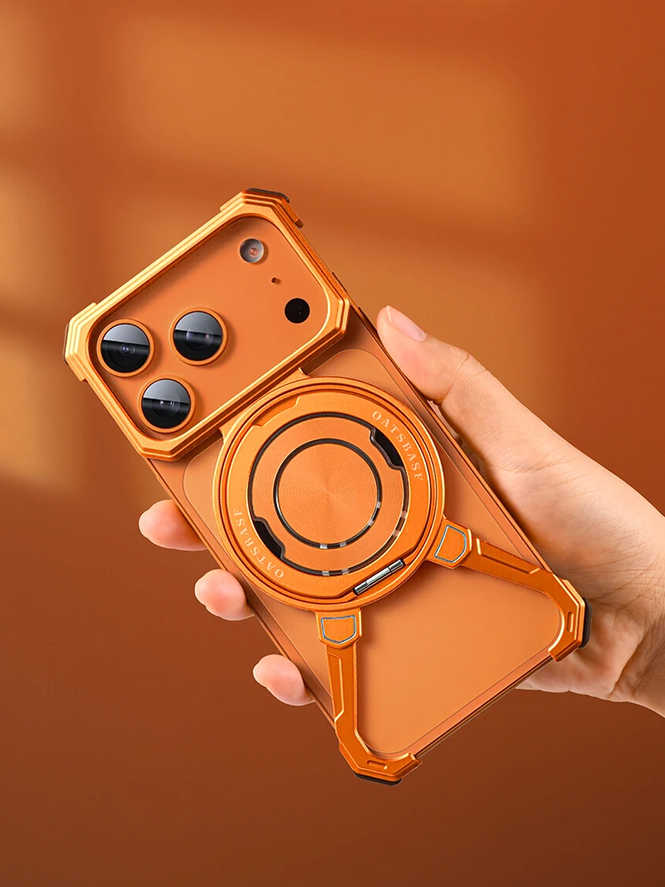 Eary Minimalist Phone Case for iPhone 17 Pro Max with MagSafe Wireless Charging 360°Rotate Stand Aluminum Metal Frameless Cover