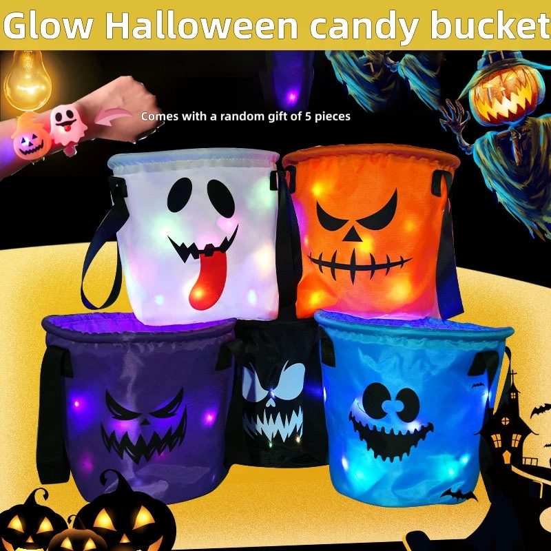 

5 PCS Personalized Light Up Pumpkin Halloween Basket Kids Trick or Treat Candy Bag Led Light Blank Halloween Buckets With gift