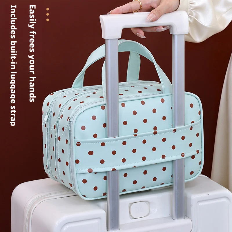 Borsa per il Trucco a Pois Multifunzionale con Tre Scomparti in PU, Grande Capacità, Impermeabile, per Viaggi e Conservazione - immagine 4