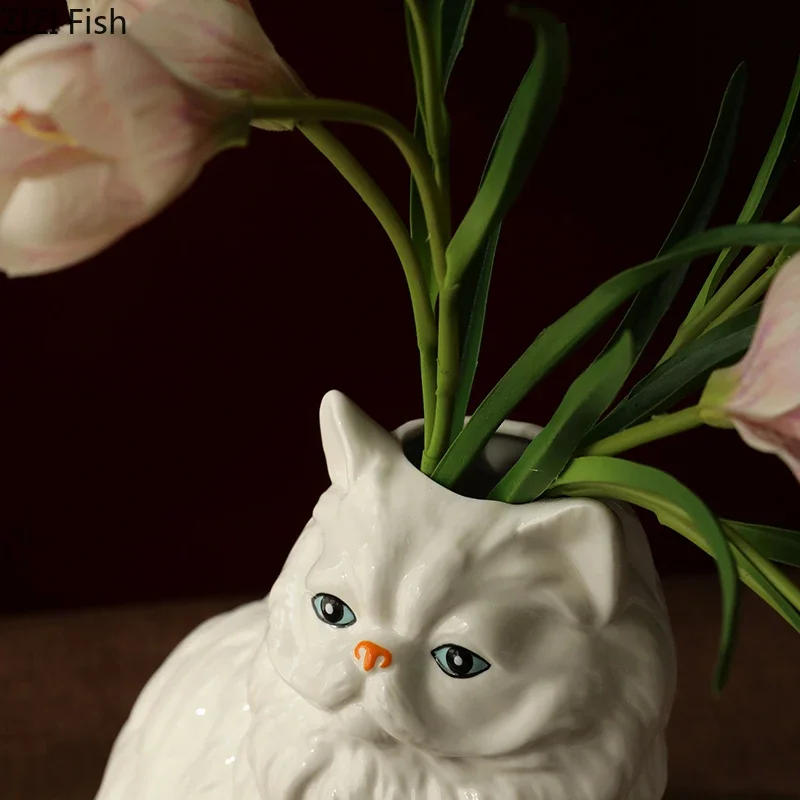 Cute White Cat Ceramic Vase Desk Decoration Flowers Arrangement Artificial Flower Decorative Floral Vases Room Aesthetic Decor 5