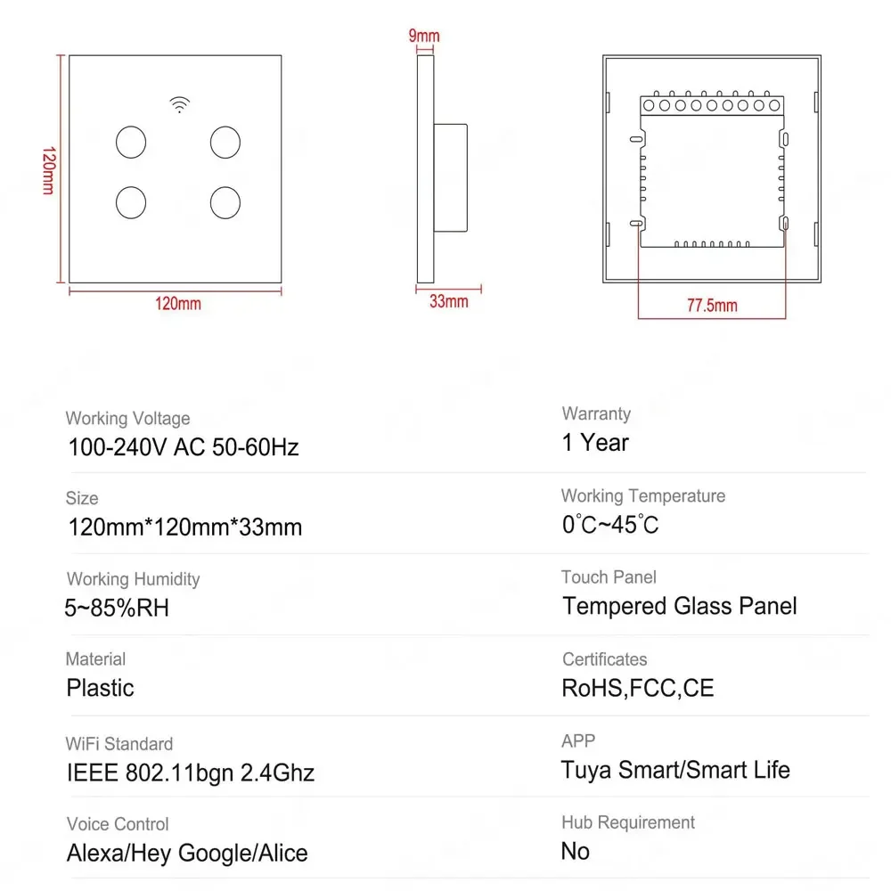 TNCE Tuya 브라질 Wifi 스마트 터치 스위치 라이트 4*4 중립 와이어 없음 4/6 갱 라이트 스위치, Alexa GoogleHome과 함께 작동하는 APP 제어