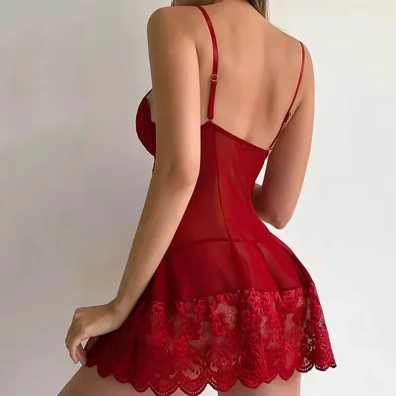 Women's Sleepwear Sexy Lace Lingerie Dress Deep V Neck Backless Nightgown Chemise Mini Dress Fashion  Red Night Dress Plus Size