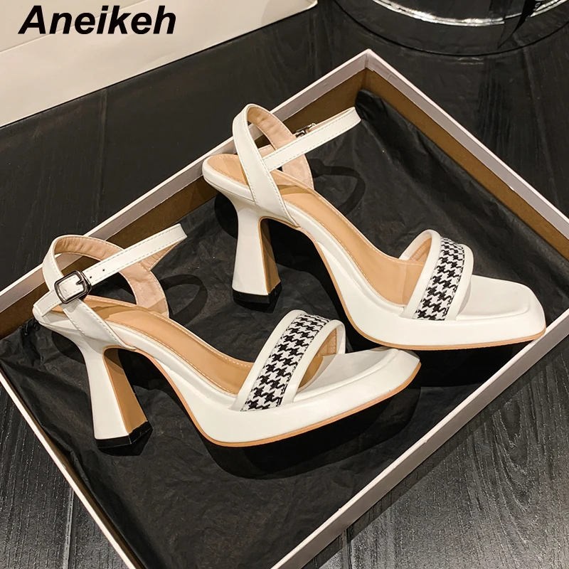 

Aneikeh Women Sandals PU Leather Rhinestone Pumps Party Prom Wedding High Heels Shoes Woman Spring Summer Fashion Ankle Strap