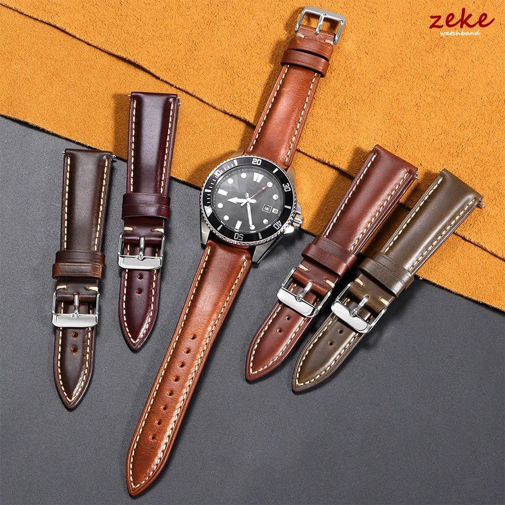 Vintage Brown Oil Wax Leather Watch Strap with Pin Buckle - Head Layer Cowhide
