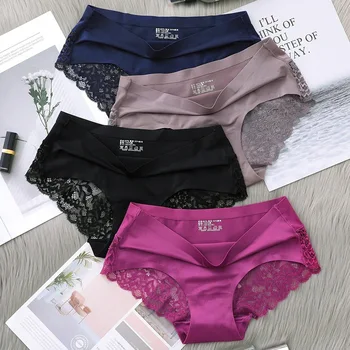 Biancheria intima da donna Sexy mutandine di seta di ghiaccio di pizzo vita media cavallo di cotone scava fuori slip confortevole Lingerie femminile traspirante