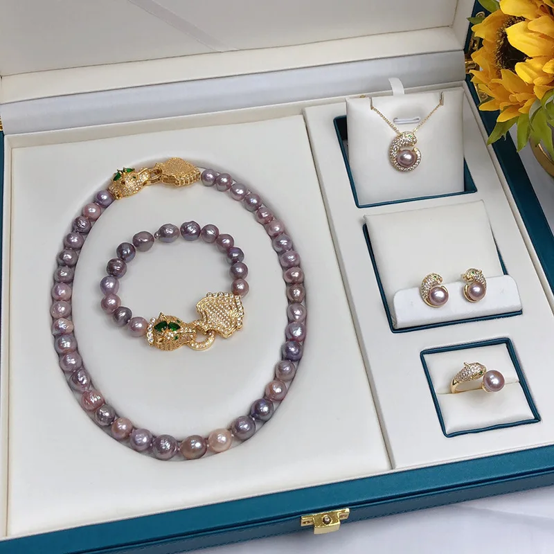 

Natural 5PCS set 10-11mm mix purple baroque pearl Necklace Bracelet Earring Ring women's versatile Luxury leopard head Jewelry
