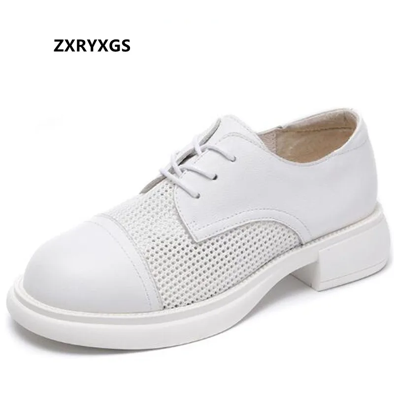 

2022 New Summer Top Cowhide Mesh Breathable Fashion Sandals British Style Casual Shoes Women Leather Sandals Trendy Sandals
