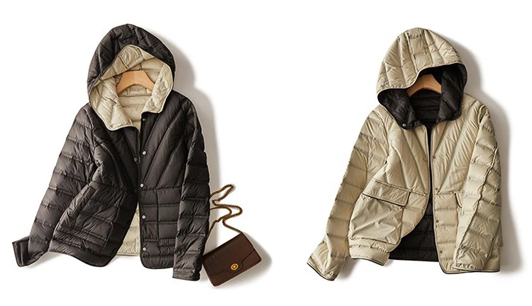 Schinteon Women light White Duck Down Jacket Coat with Hood Double-sided Wearing Casual Simple High Quality Outwear 2023 New